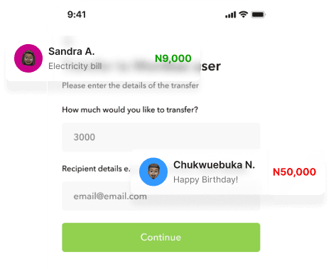 Monibac transfer screen with incoming payment notifications