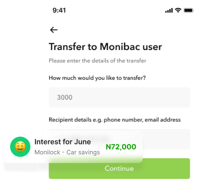 Monibac interest payout notification for a MoniLock car savings plan